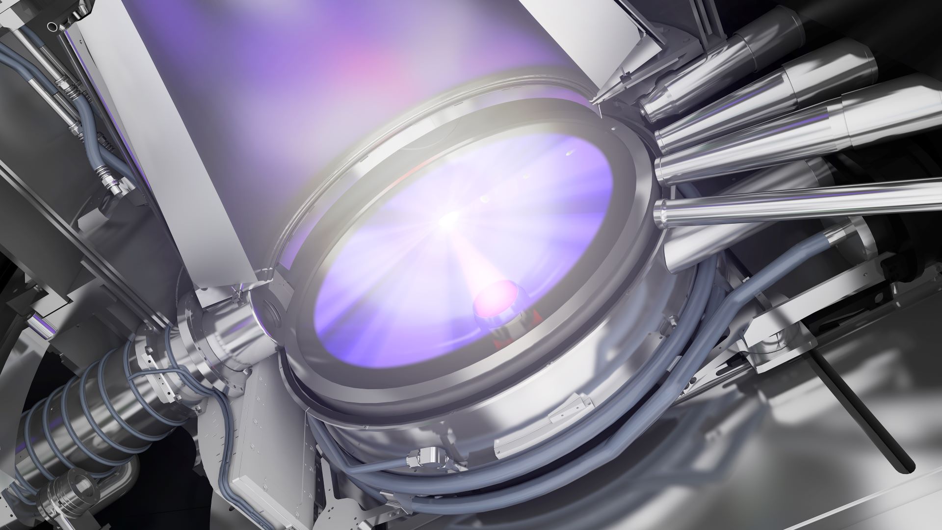 在EUV源内，激光脉冲击中了锡液滴并产生发射EUV光的等离子体。收藏镜将光线聚焦。